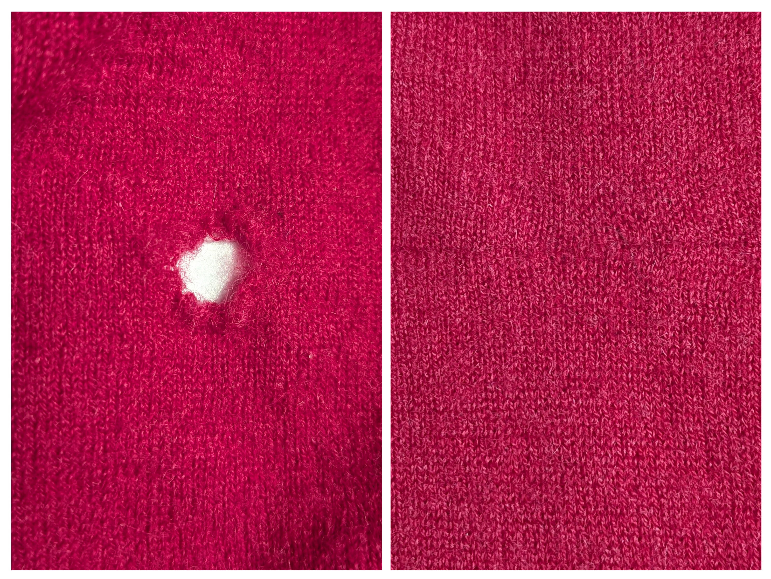 Repaired moth hole in cashmere sweater