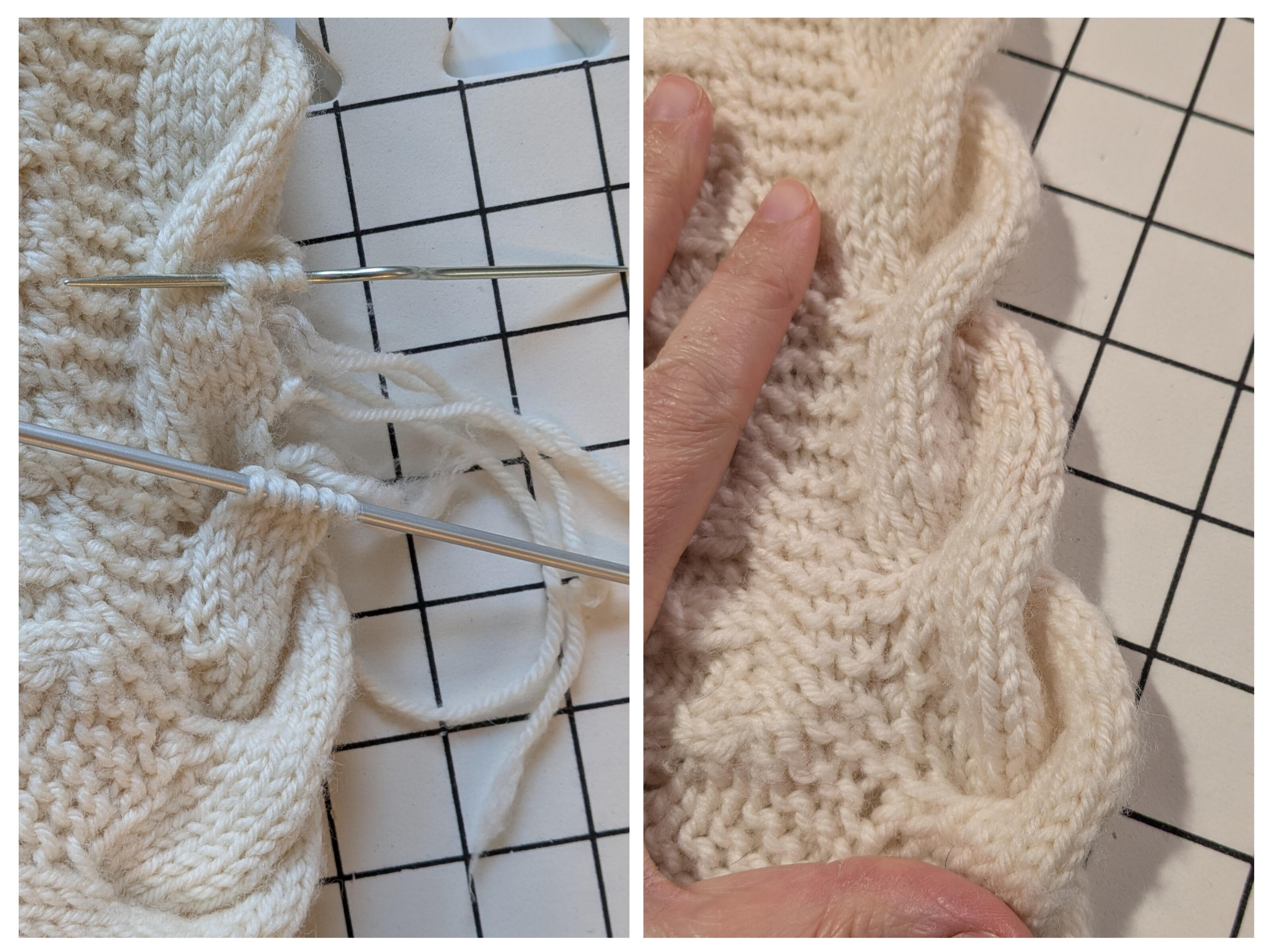 Repaired torn cable edge on knitted blanket